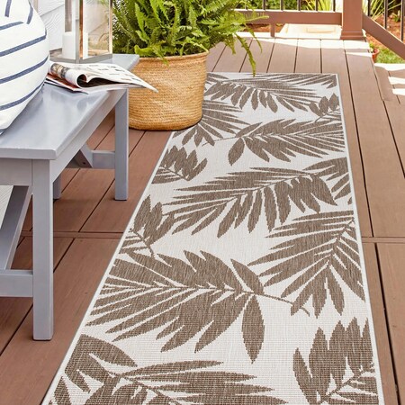 World Rug Gallery Contemporary Floral Leaves Nature Inspired Indoor/Outdoor Runner Rug 7' 10'' x 10' Beige 4033BEIGE2X7